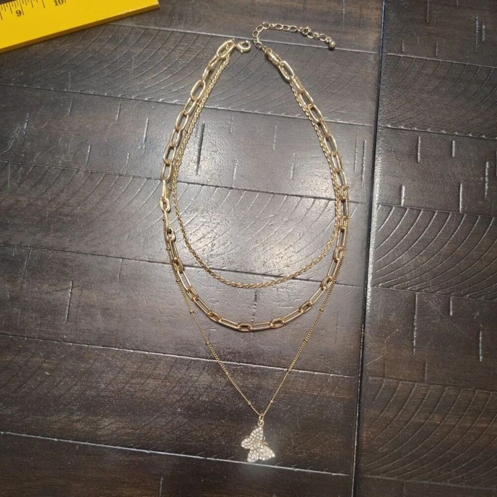 3 Strand Layered Rhinestone Butterfly Pendant Necklace Gold Tone